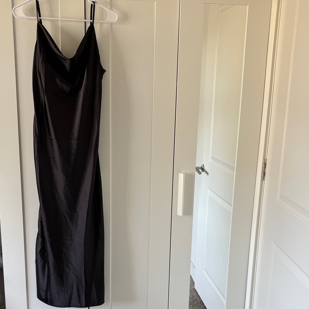 Black Satin Slip Long Dress Asjustable Sides with Cowl Neck Size L